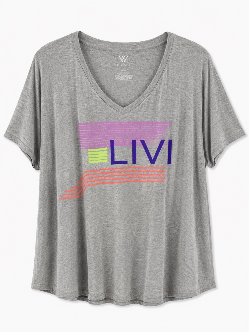 Livi Active Gray V-Neck Tee with Purple, Neon Green & Coral Graphic